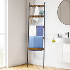5-Tier Rustic Blanket Ladder - Wall-Leaning Towel Rack & Decorative Display Shelf w/ 10 Hooks, Brown