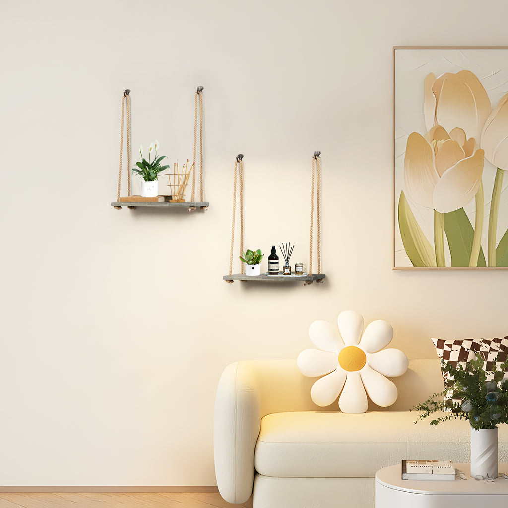 Set of 4 Olive Green Wall-Mounted Rope Swing Shelves - Floating Wooden Hanging Displays for Indoor Plants, Books, and Decorative Home Accents