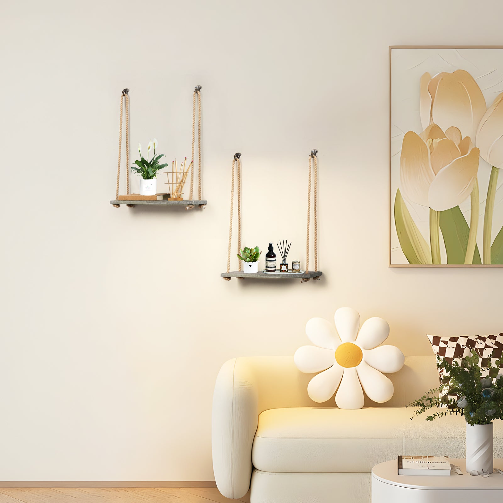 Set of 4 Olive Green Wall-Mounted Rope Swing Shelves - Floating Wooden Hanging Displays for Indoor Plants, Books, and Decorative Home Accents