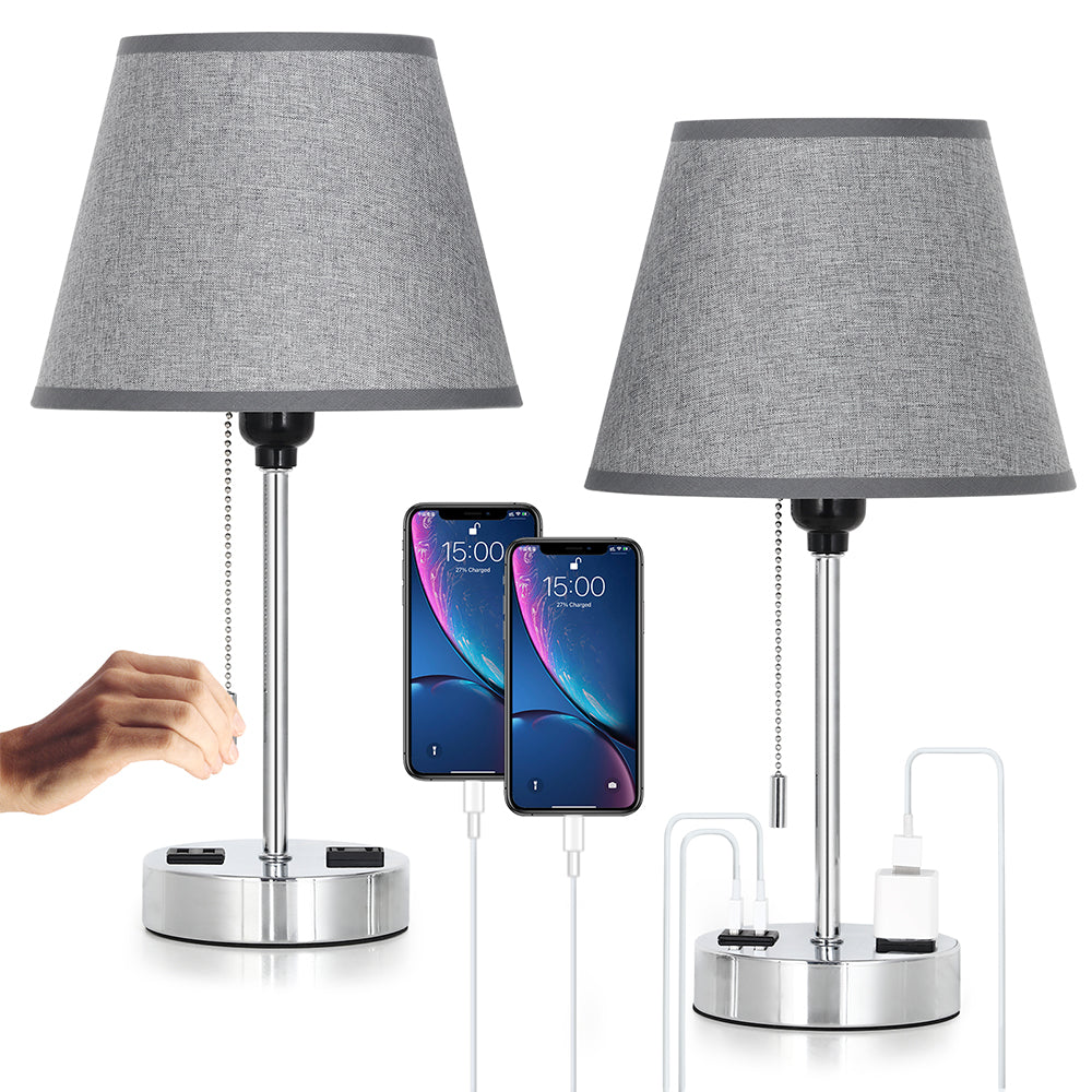 Table lamp, set of two bedside lamps, with 2 USB ports, zipper switch, modern style bedside table lamp, gray lampshade, suitable for bedroom, study, living room, dining room, tavern