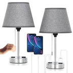 Table lamp, set of two bedside lamps, with 2 USB ports, zipper switch, modern style bedside table lamp, gray lampshade, suitable for bedroom, study, living room, dining room, tavern