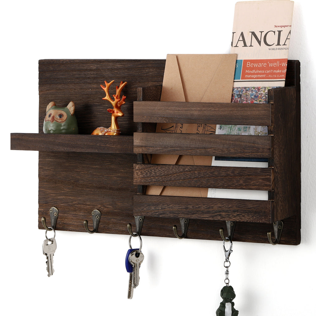 Wooden Mail Sorter Rustic Mail & Key Holder Organizer with 3 Key Hooks, Wall Mount Mail Holder for Entryway