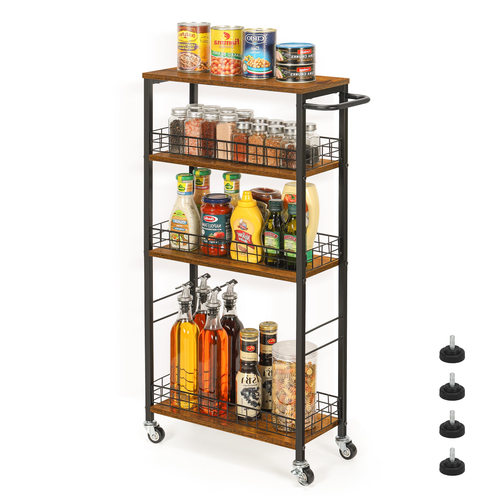 4-Tier Slim Rolling Cart | 7.3" Narrow Slide-Out Pantry Organizer with Rustic Wood Top