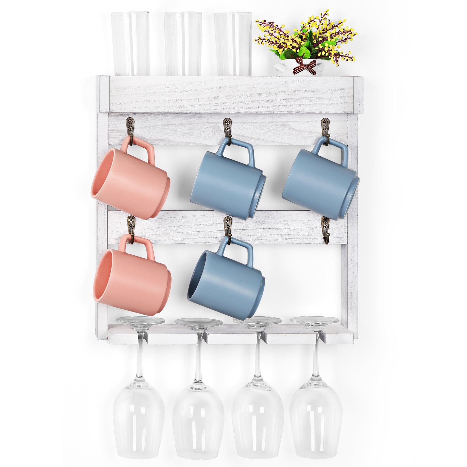 Mug Rack Shelf for Wall Coffee Mug Holder with 6 Hooks and 4 Glasses Hanging Cups Organizer Wall Mount with Shelf Wood Cups Organizer 3 Tier Mugs Display and Collection for Home Kitchen