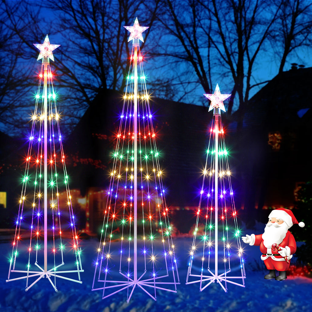 3 Pack Lighted Christmas Cone Trees, 4/5/6FT Outdoor RGB LED Trees with Star Topper, 8 Modes Waterproof Yard Decorations for Holiday