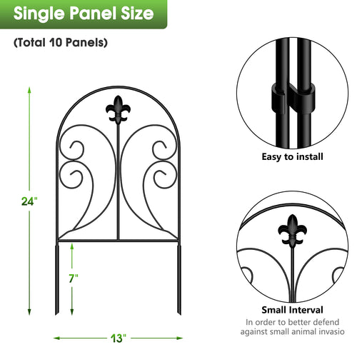 10-Pack Decorative Garden Fence, 24"H x 10ft Rustproof Metal Animal Barrier for Yard, Dog & Rabbit Proof Fencing, Arched Design,