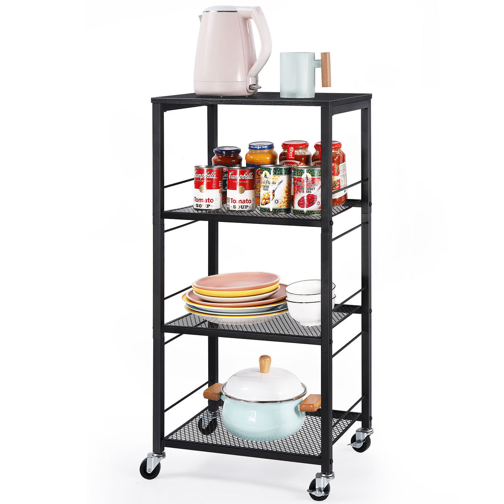 4-Tier Rolling Kitchen Cart with Wood Tabletop, Industrial Microwave Stand on Wheels with 3 Mesh Storage Shelves, Slim Utility Cart & Serving Bar for Small Spaces, Office, Pantry, Bathroom, Black
