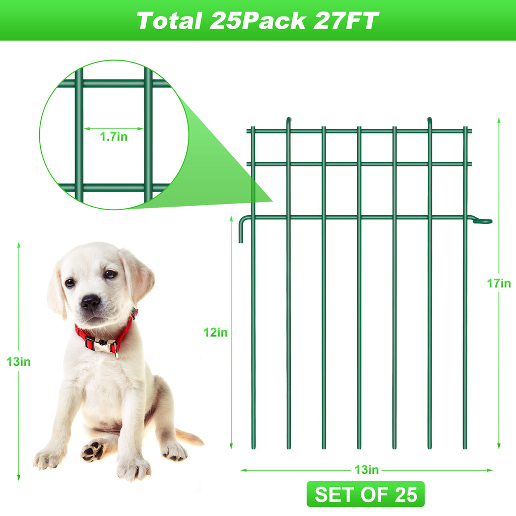 25 Pack Garden Animal Barrier Fence, 17in(H) x 27ft(L) Decorative Garden Ground Stakes Fence, Rustproof Metal Fencing for Yard, Dog Rabbits Wire Section Garde