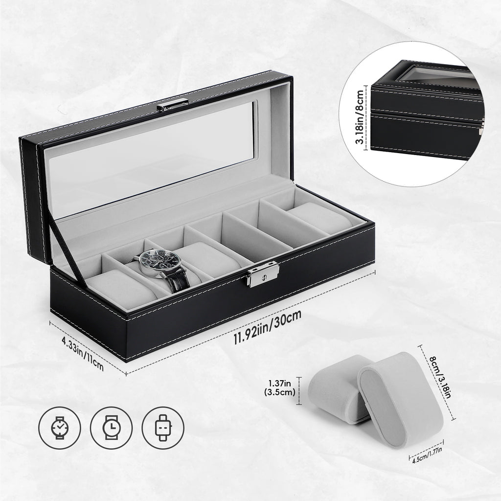 6-Slot Watch Box | Vegan Leather Display Case with Glass Viewing Top