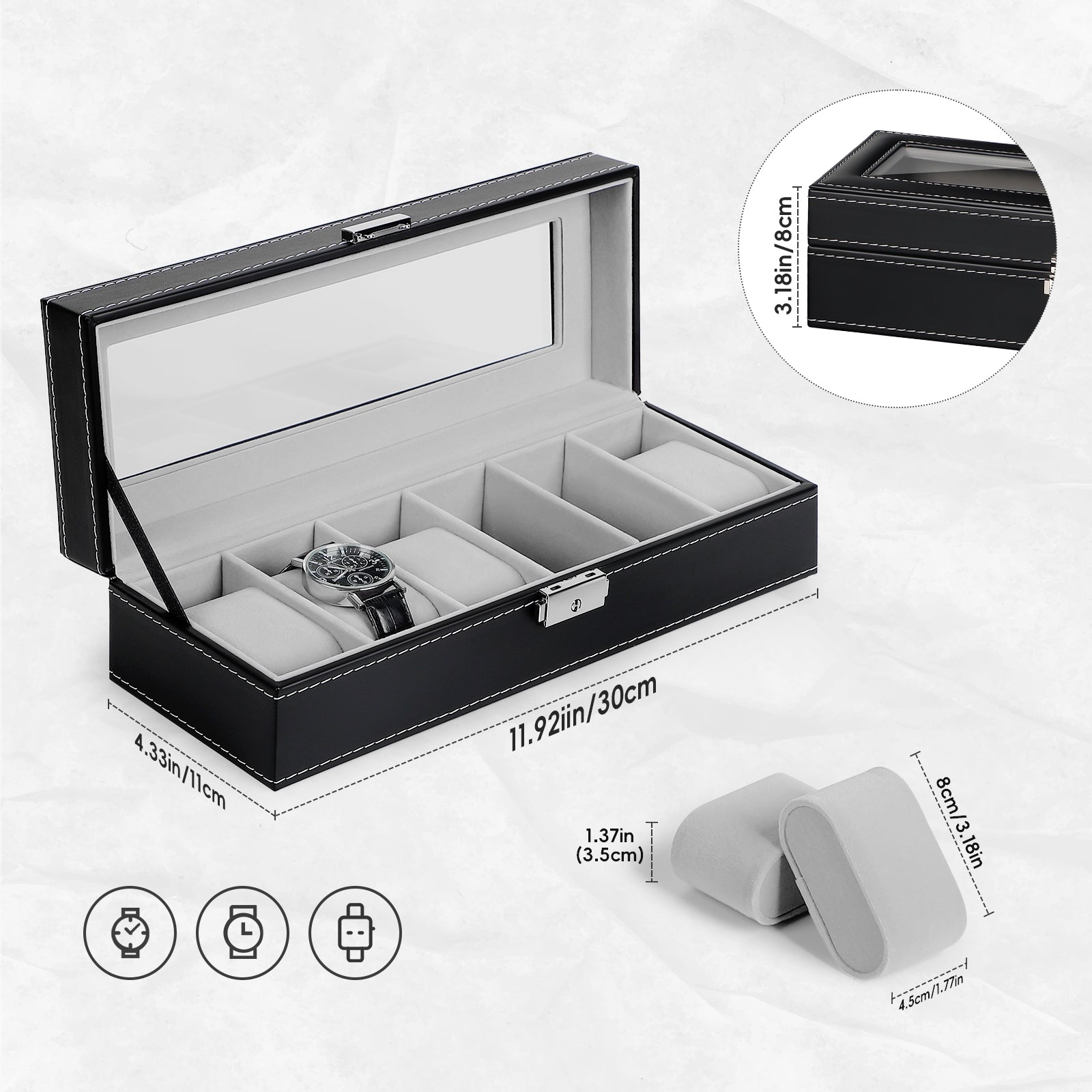 6-Slot Watch Box | Vegan Leather Display Case with Glass Viewing Top