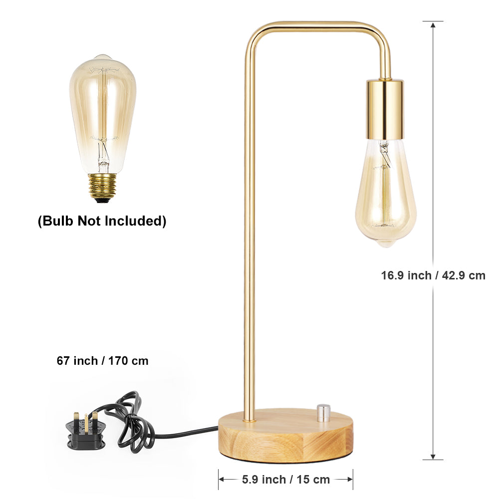 Elegant Gold Industrial Desk Lamp with Wood Base and Metal Frame, Retro Edison Style Nightstand Light for Bedrooms, Dorms, and Home Offices
