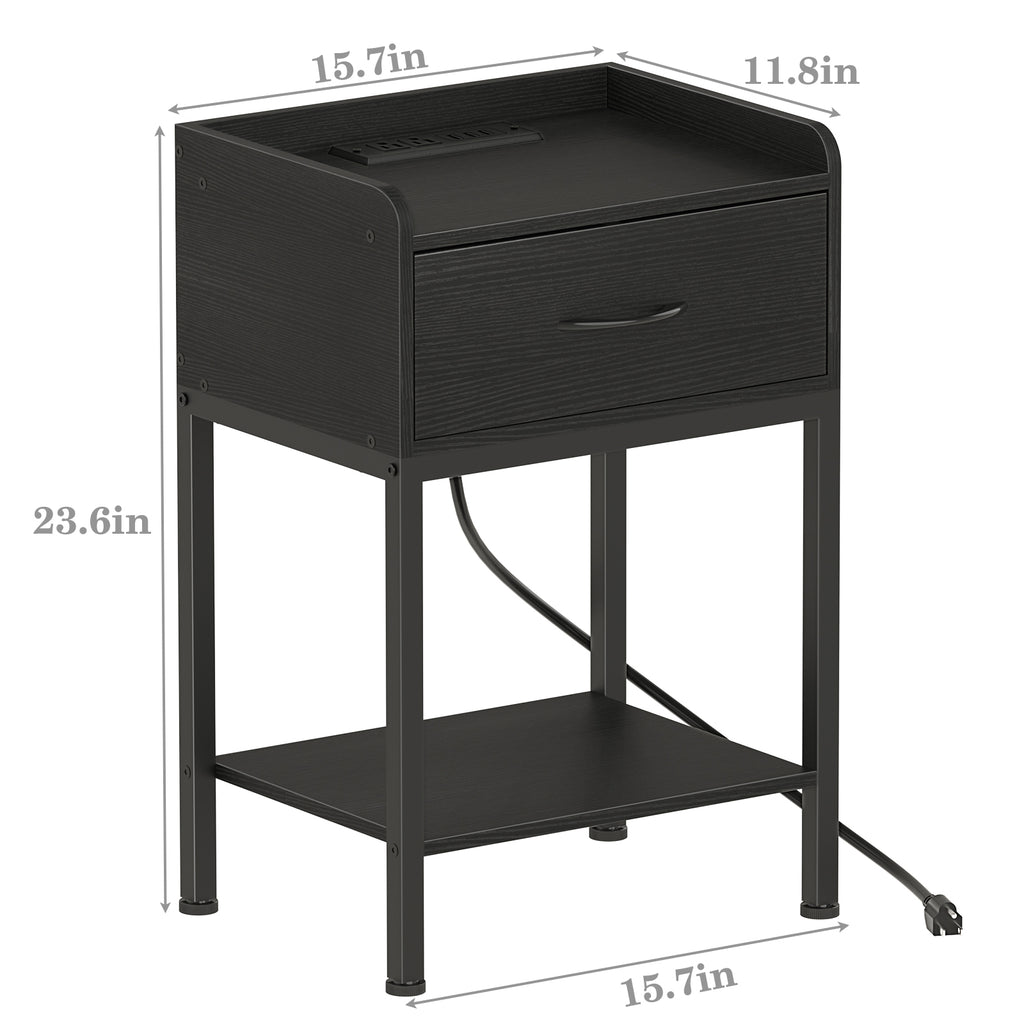 Black Nightstand with Charging Station, 2-Tier End Table with Drawer & Storage Shelf, Industrial Side Table for Bedroom, Living Room