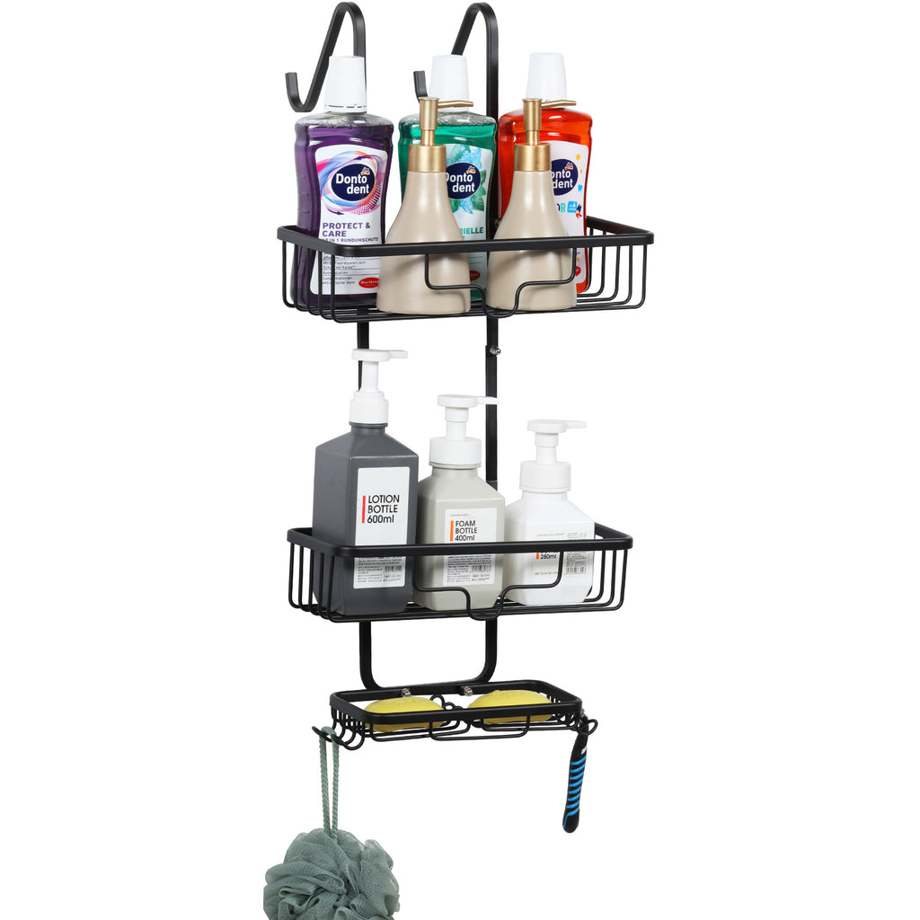 Aluminum bathroom basket behind the door, hanging, aluminum bathroom, shower caddy organizer with 2 baskets and hooks, anti-rust shampoo, conditioner and soap, black