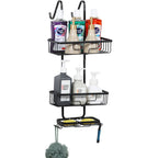 Aluminum bathroom basket behind the door, hanging, aluminum bathroom, shower caddy organizer with 2 baskets and hooks, anti-rust shampoo, conditioner and soap, black