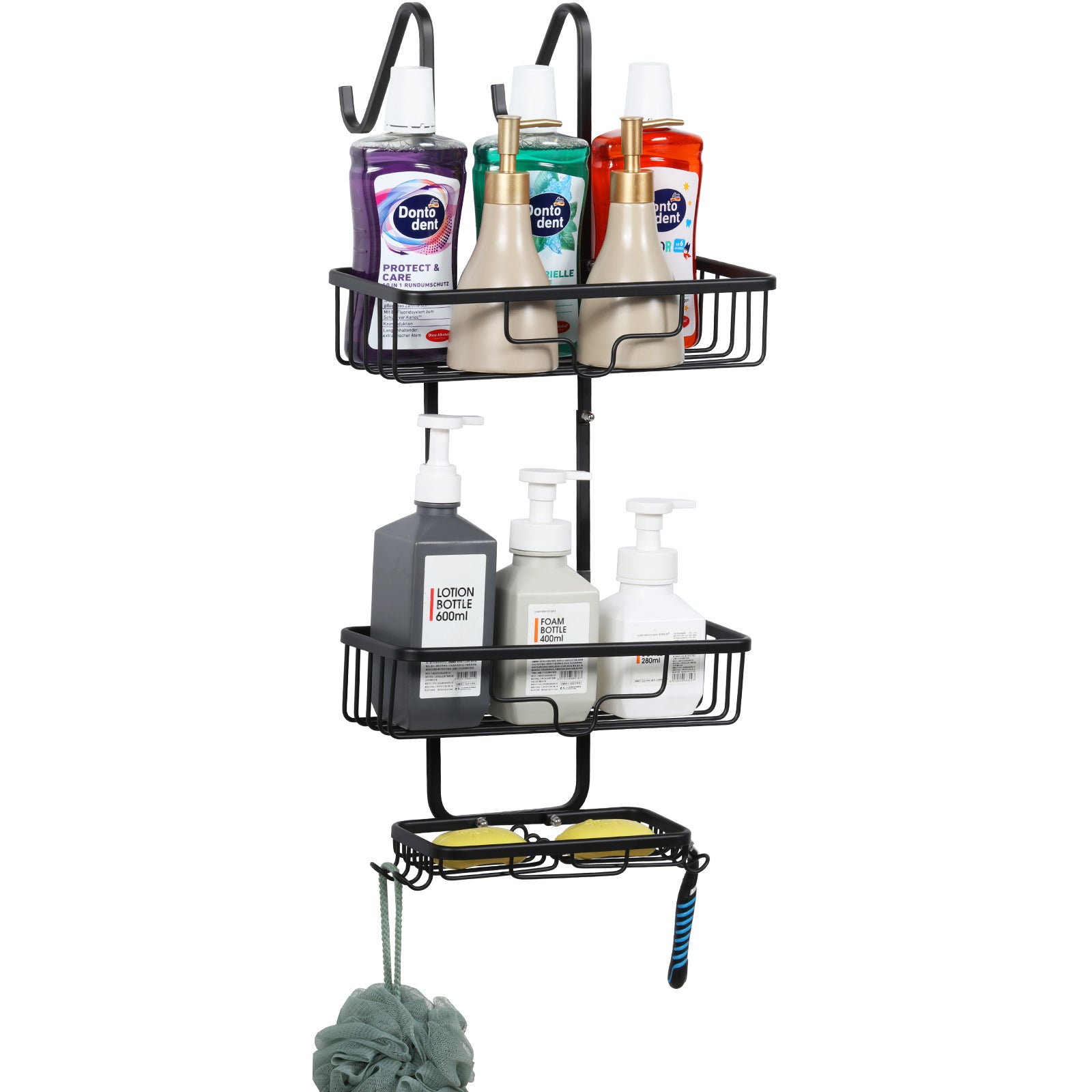 Aluminum bathroom basket behind the door, hanging, aluminum bathroom, shower caddy organizer with 2 baskets and hooks, anti-rust shampoo, conditioner and soap, black
