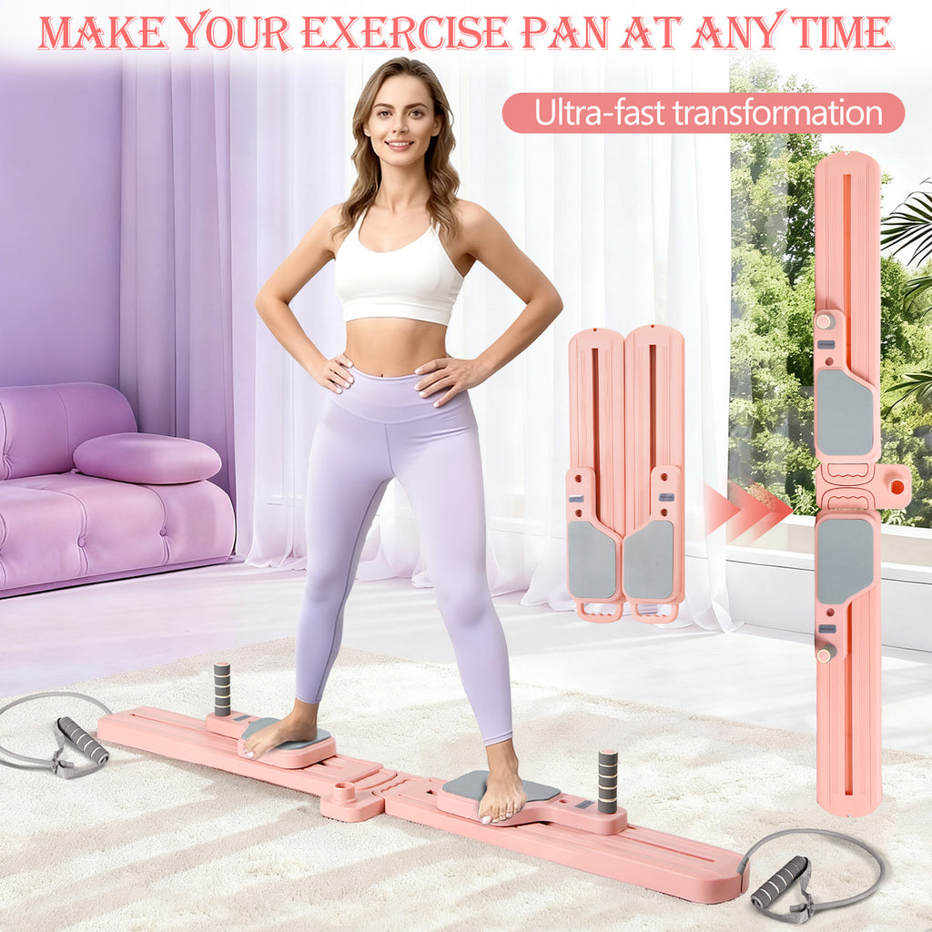 Multi-Functional Pilates Board Ski Machine, Adjustable Glute & Pelvic Floor Trainer, Foldable Full-Body Home Workout Equipment with Resistance Bands