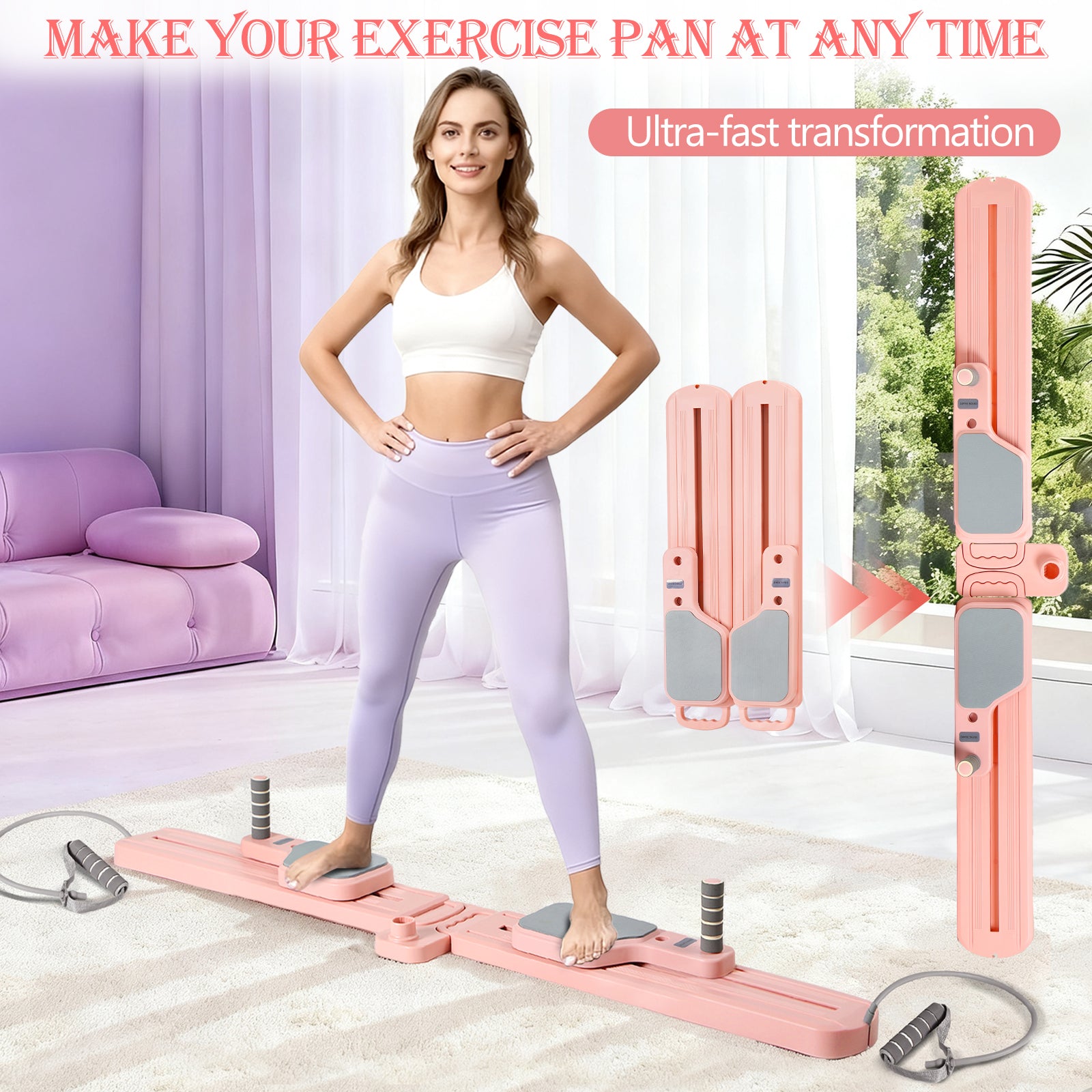 Multi-Functional Pilates Board Ski Machine, Adjustable Glute & Pelvic Floor Trainer, Foldable Full-Body Home Workout Equipment with Resistance Bands