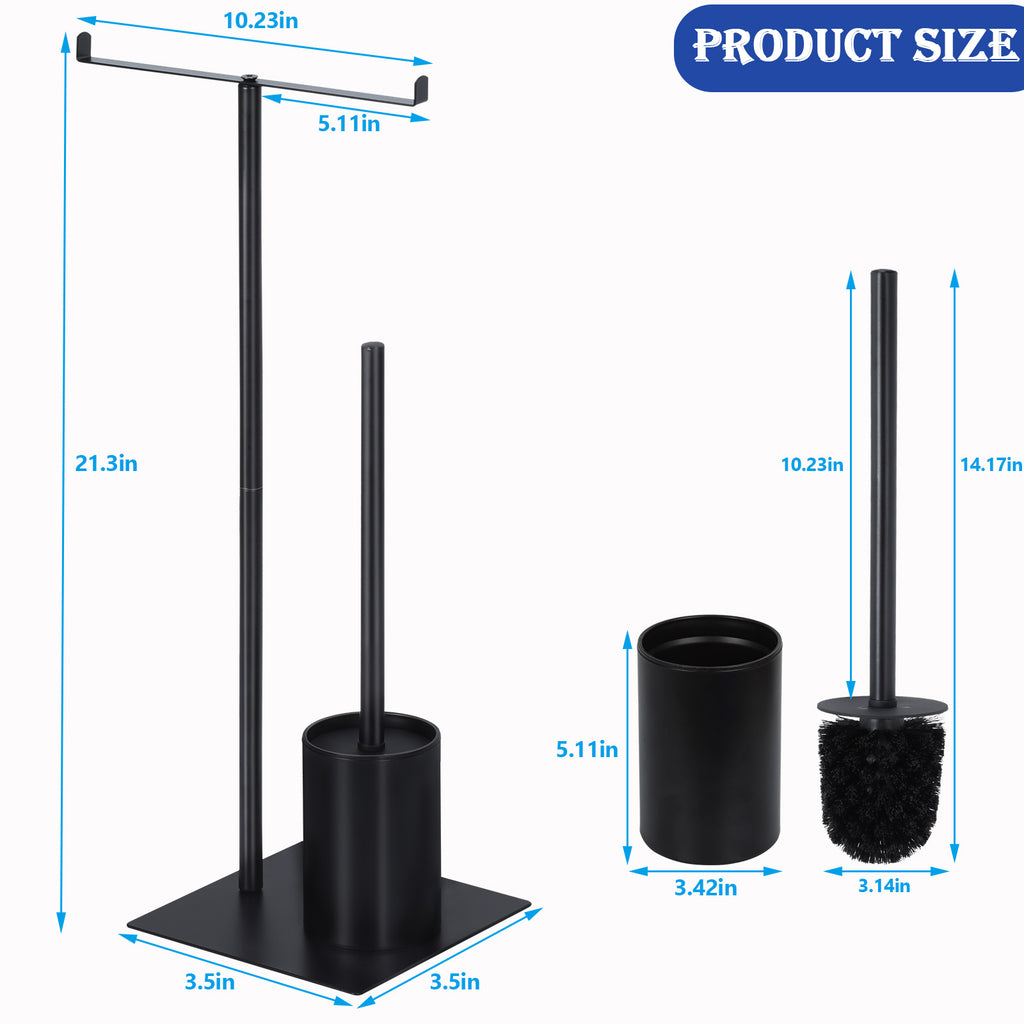 Free-Standing Toilet Paper Holder Stand - Dual Roll Dispenser with Integrated Toilet Brush & Storage, Matte Black