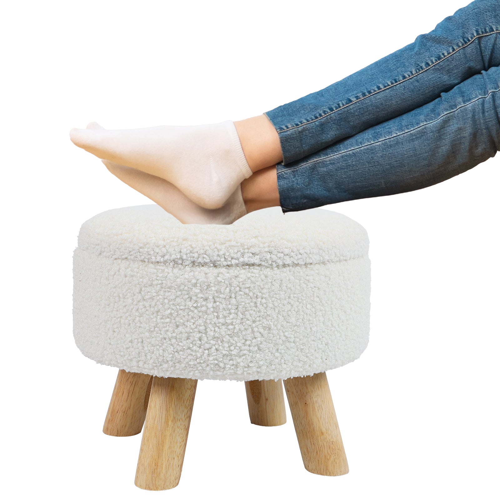 Small Round Boucle Storage Ottoman - Teddy Velvet Foot Rest with Wood Legs