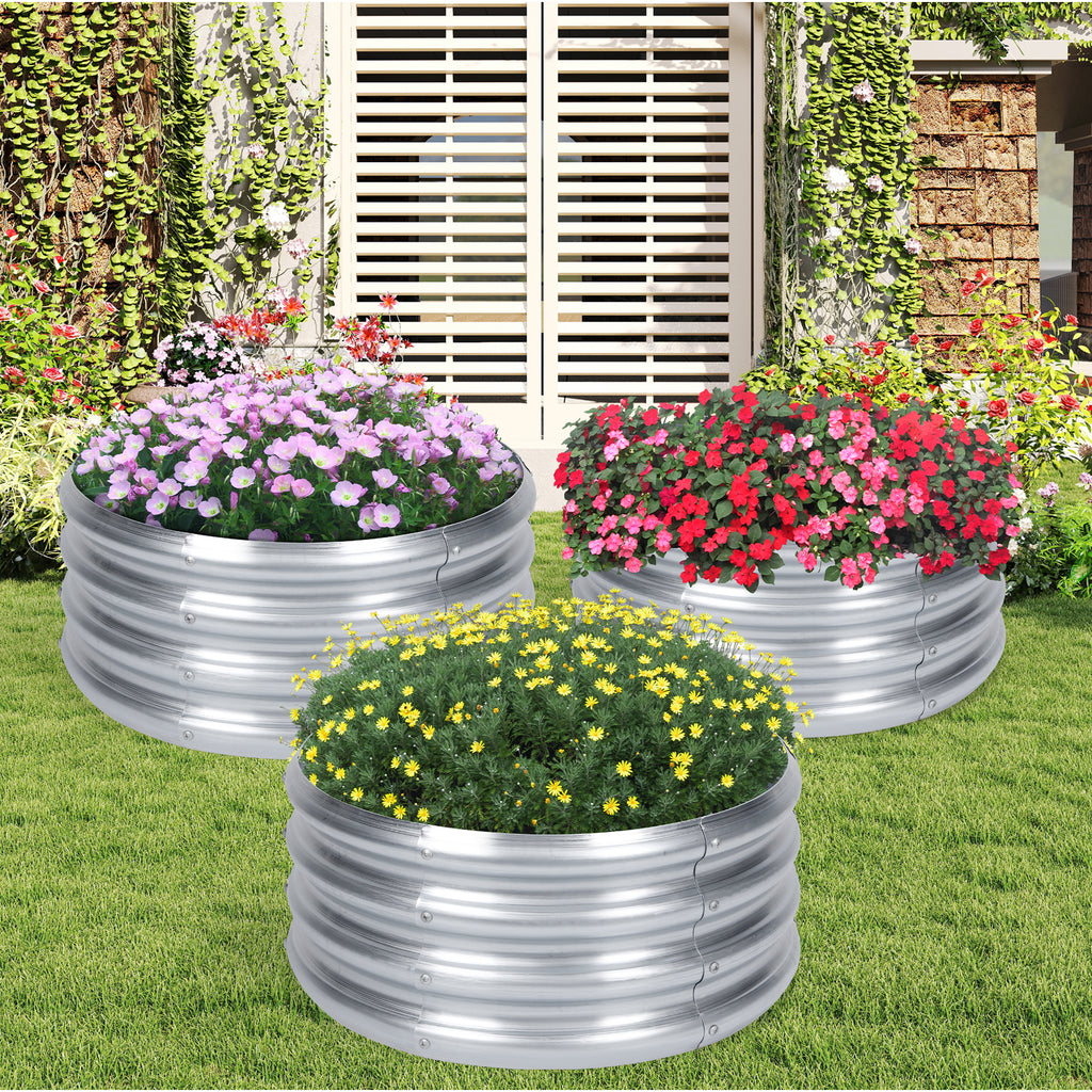 3 Pack Round Galvanized Raised Garden Bed (2x2x1ft) - Silver Metal Planter Box for Vegetables & Herbs