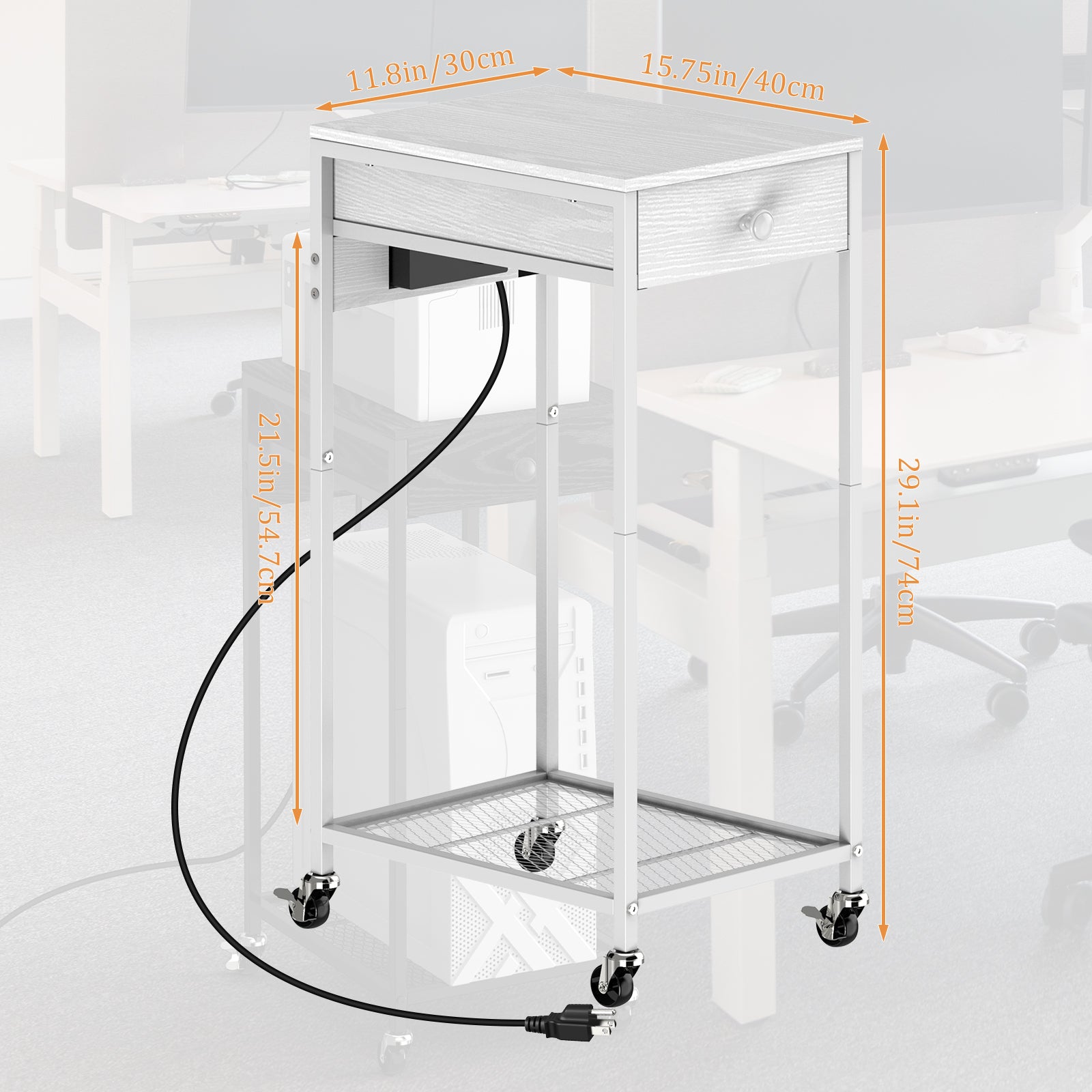 Computer Tower Stand w/ Charging Station - 2 Tier PC Holder Cart, Printer Stand & Storage Drawer, White