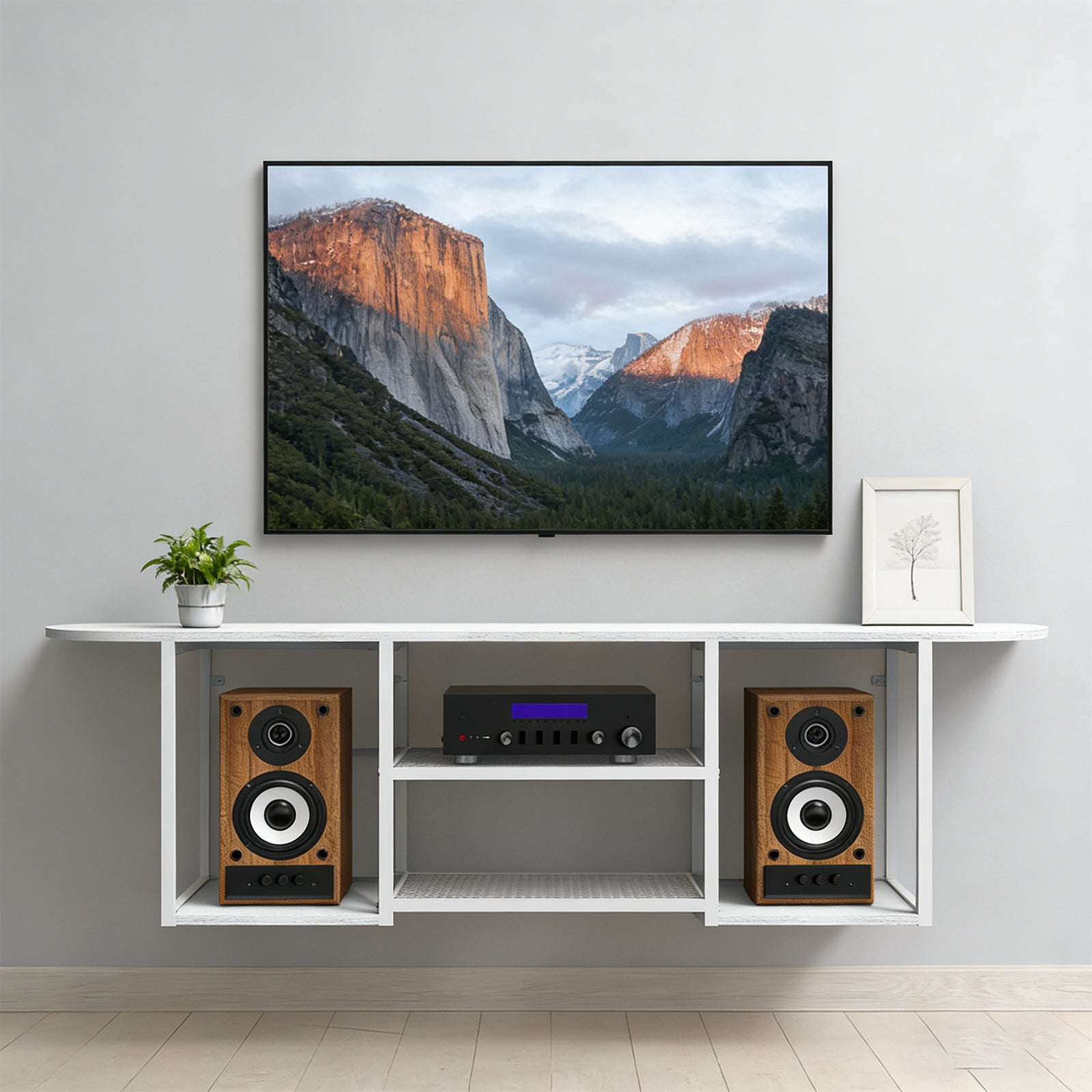 Floating TV Stand (120cm) - Wall Mounted White Entertainment Centre for 50" TVs w/ Open Shelves