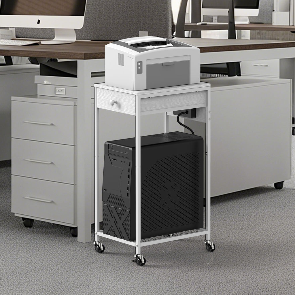 Computer Tower Stand w/ Charging Station - 2 Tier PC Holder Cart, Printer Stand & Storage Drawer, White