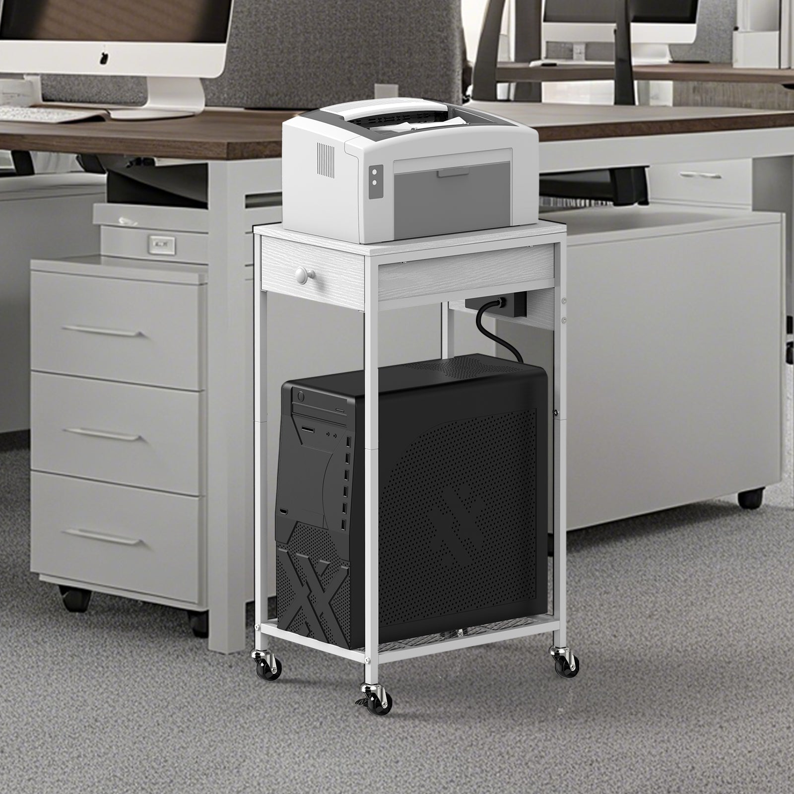 Computer Tower Stand w/ Charging Station - 2 Tier PC Holder Cart, Printer Stand & Storage Drawer, White