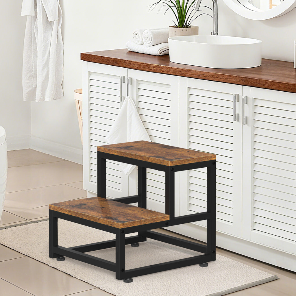 2-Tier High-Capacity Stool | 500lb Load-Bearing Bedside & Kitchen Step with Rustic Wood