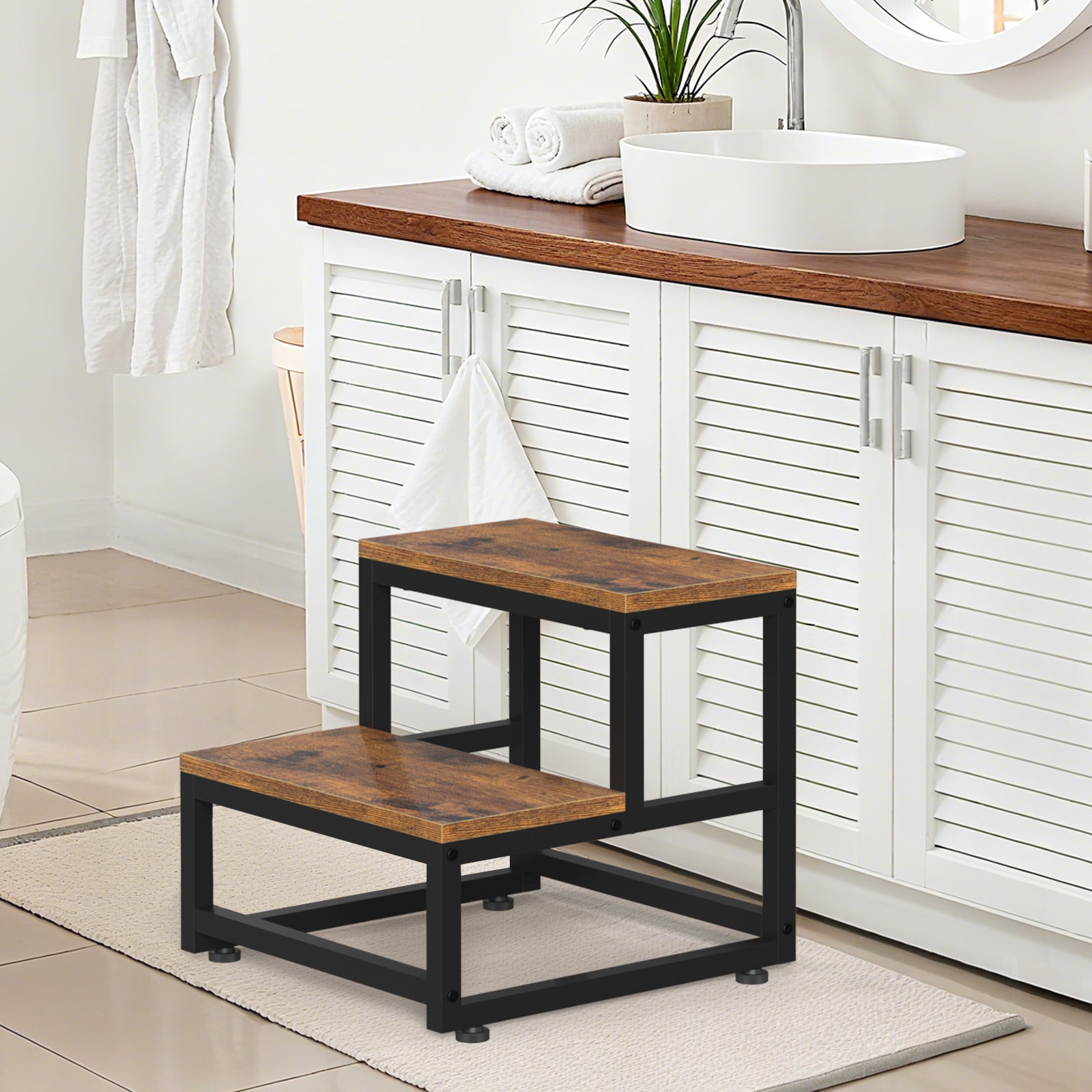 2-Tier High-Capacity Stool | 500lb Load-Bearing Bedside & Kitchen Step with Rustic Wood