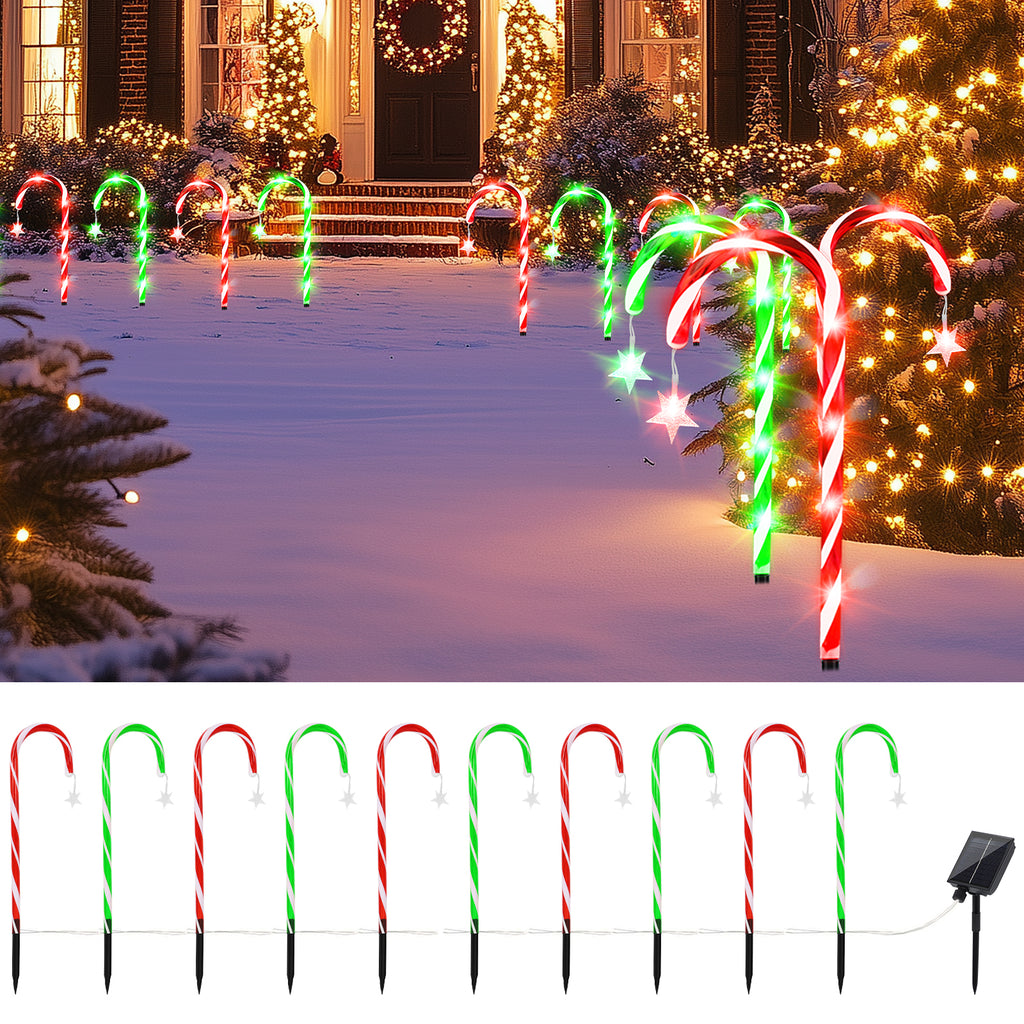 10 Pack 21" Solar Candy Cane Lights w/ Remote - Waterproof Outdoor Christmas Pathway Markers