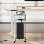 Computer Tower Stand w/ Charging Station - 2 Tier PC Holder Cart, Printer Stand & Storage Drawer, White