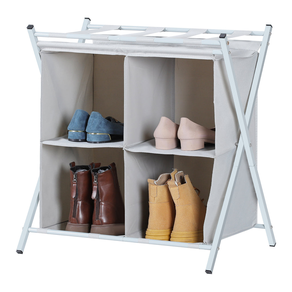 Metal Folding Luggage Rack for Guest Room - Suitcase Stand w/ 4 Storage Compartments, Gray, 100lb Capacity