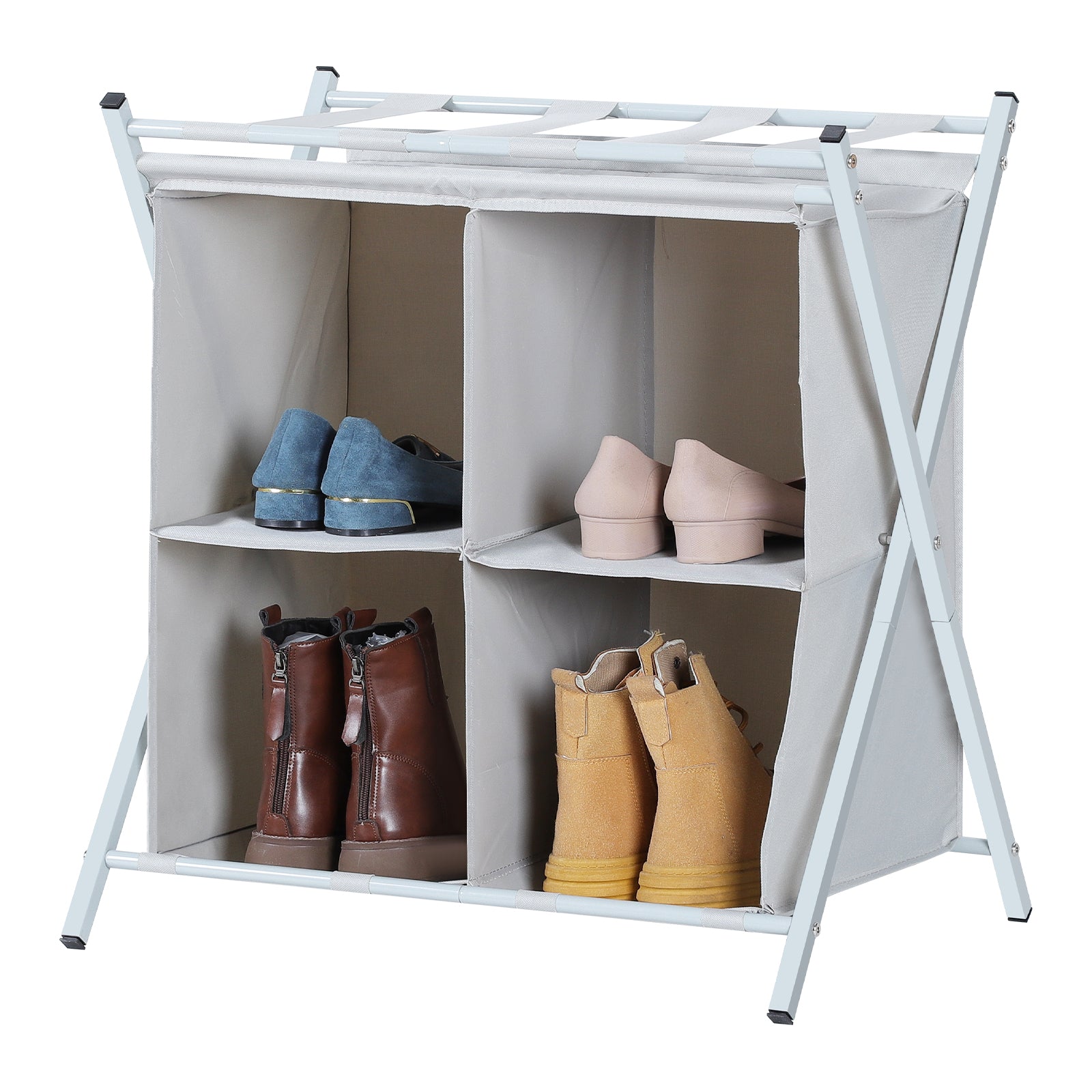 Metal Folding Luggage Rack for Guest Room - Suitcase Stand w/ 4 Storage Compartments, Gray, 100lb Capacity