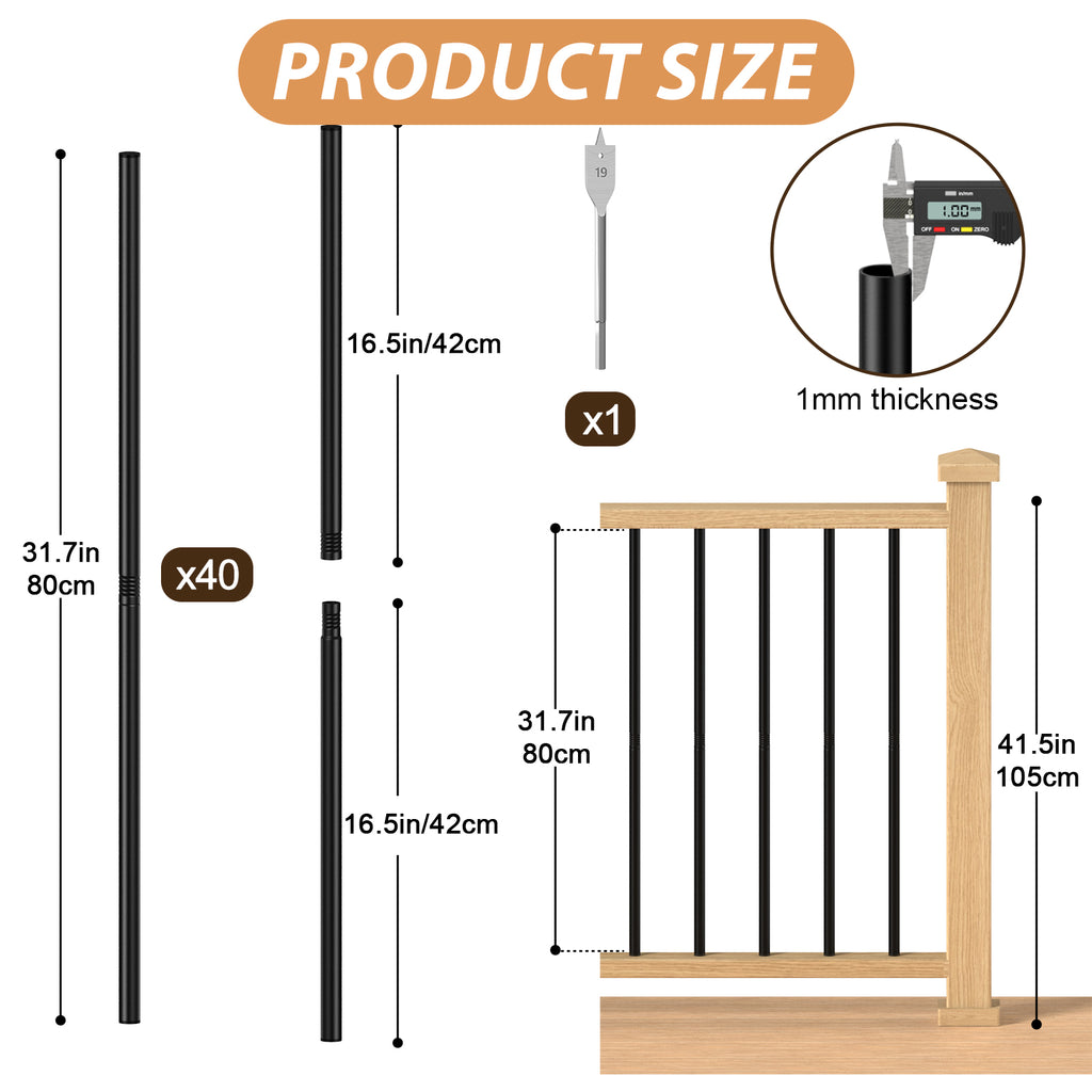 40 Pack 32" Metal Deck Balusters - 3/4" Hollow Round Deck Railing Kit for Stairs & Porches, Black