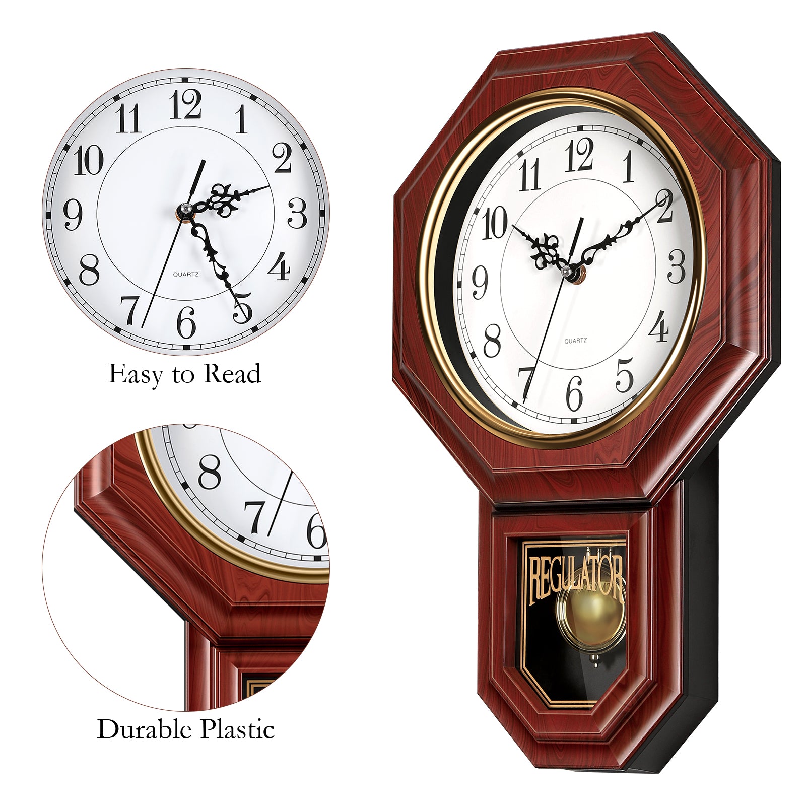 Vintage Regulator Pendulum Wall Clock, 11.8x17.7 Inch Battery Operated Decorative Grandfather Style Clock for Living Room, Bedroom, Kitchen & Office, Red Wood Grain
