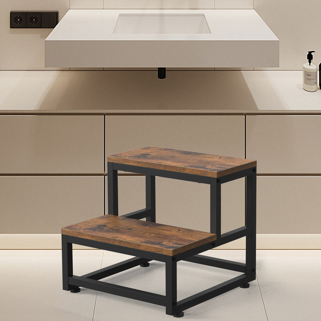2-Tier High-Capacity Stool | 500lb Load-Bearing Bedside & Kitchen Step with Rustic Wood