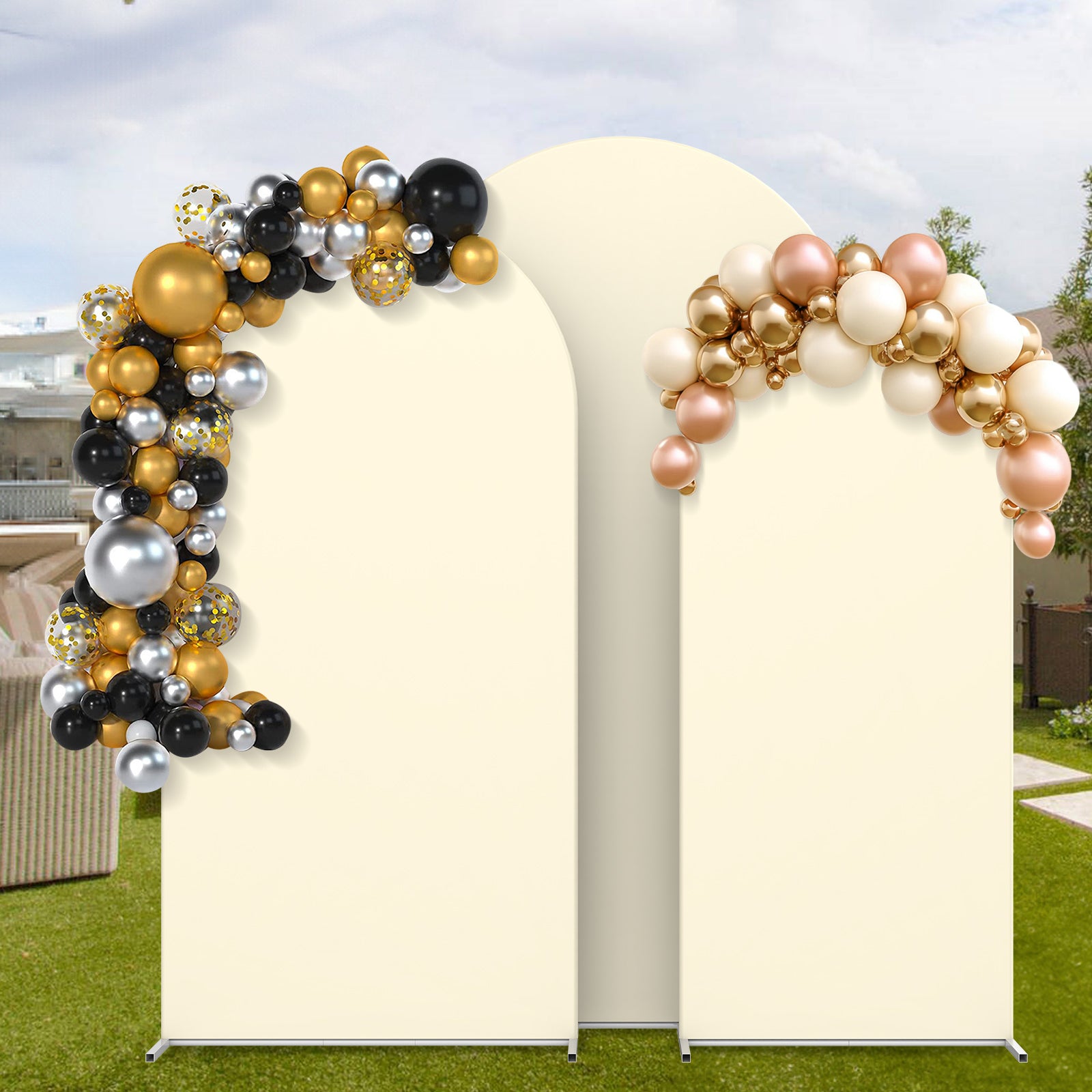 Set of 3 Arch Backdrop Stands with Covers (7.3FT, 6.6FT, 6FT) - Metal Frame for Wedding & Party