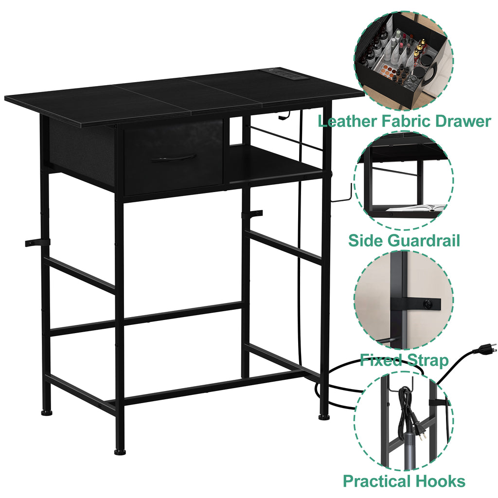 31" Modern Makeup Vanity Table - Small Writing Desk with Built-in Charging Station & Drawer, Black,
