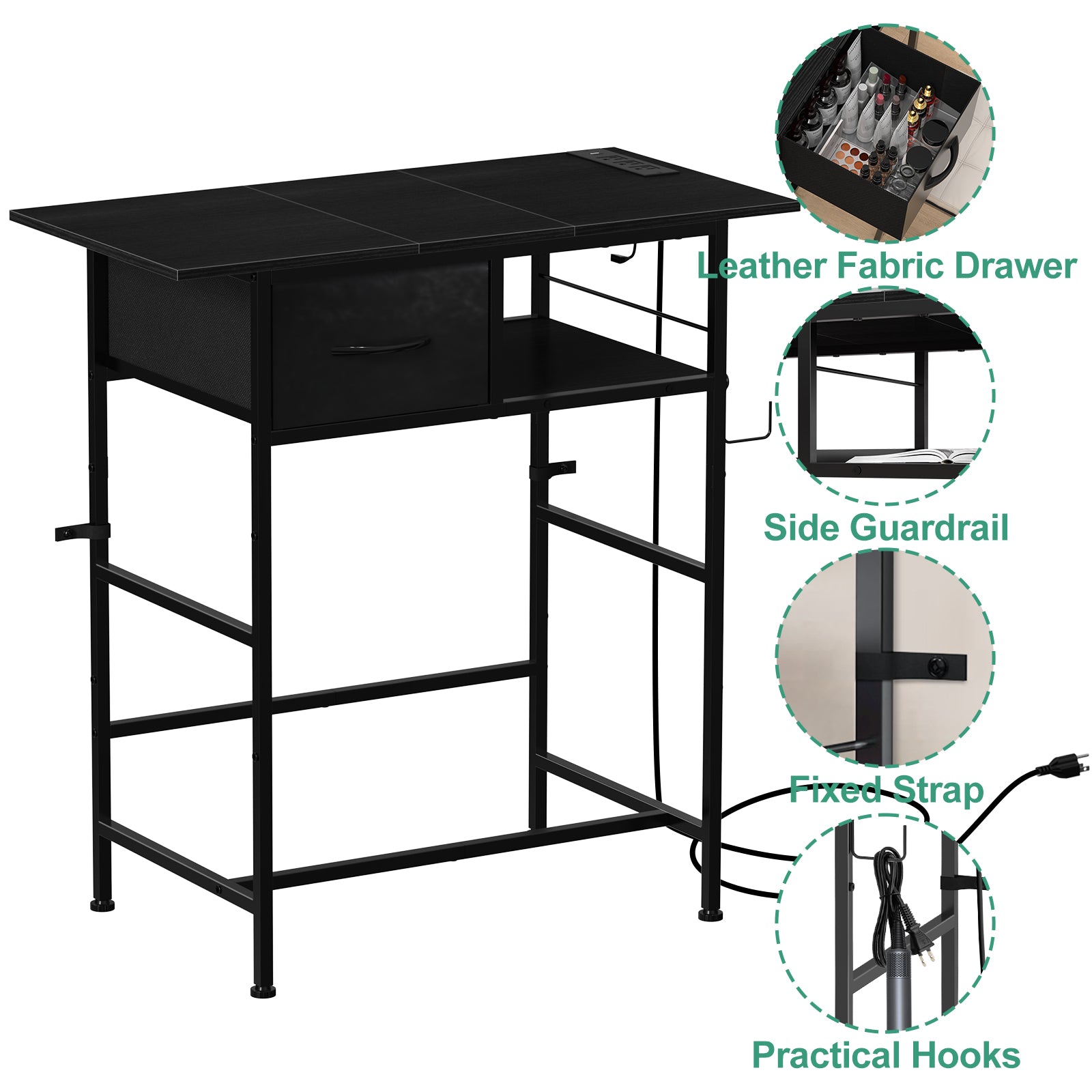 31" Modern Makeup Vanity Table - Small Writing Desk with Built-in Charging Station & Drawer, Black,
