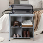 Metal Folding Luggage Rack for Guest Room - Suitcase Stand w/ 4 Storage Compartments, Gray, 100lb Capacity