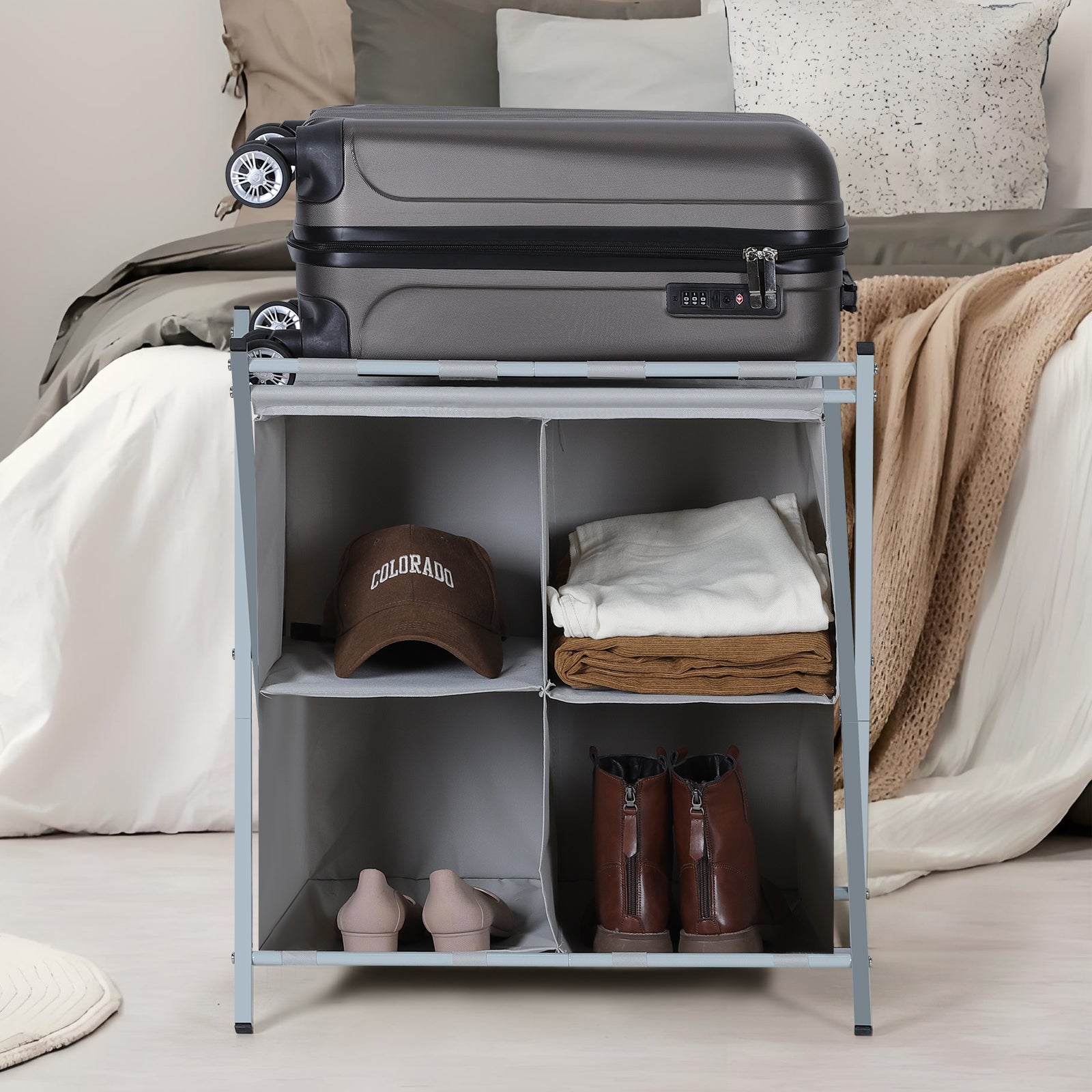 Metal Folding Luggage Rack for Guest Room - Suitcase Stand w/ 4 Storage Compartments, Gray, 100lb Capacity