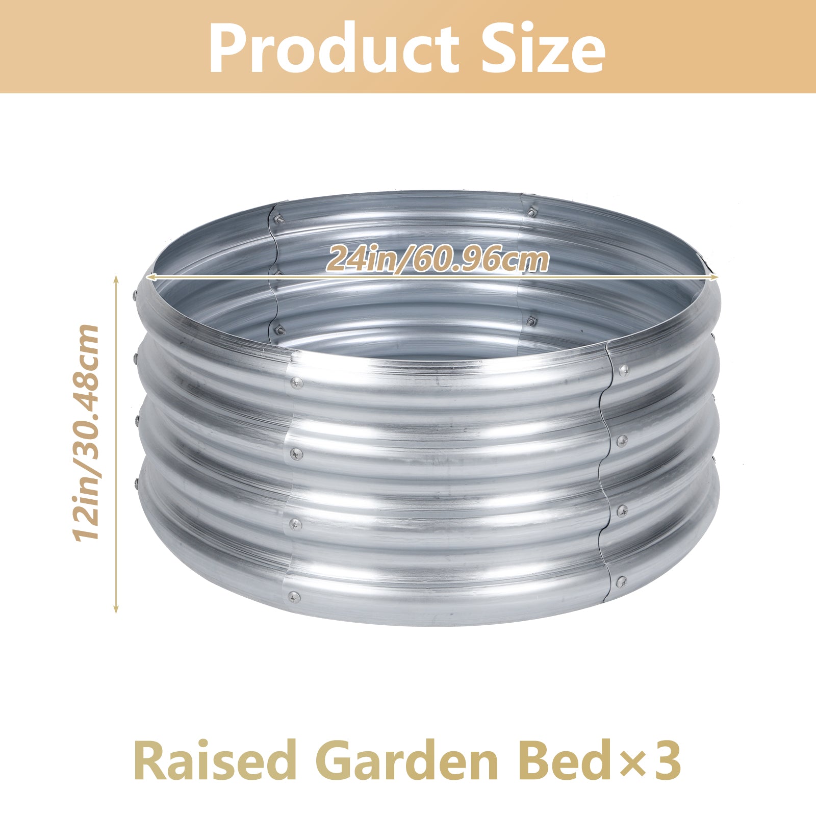 3 Pack Round Galvanized Raised Garden Bed (2x2x1ft) - Silver Metal Planter Box for Vegetables & Herbs