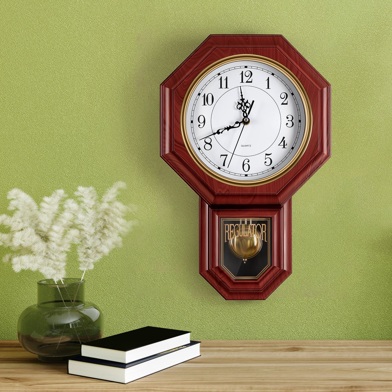 Vintage Regulator Pendulum Wall Clock, 11.8x17.7 Inch Battery Operated Decorative Grandfather Style Clock for Living Room, Bedroom, Kitchen & Office, Red Wood Grain