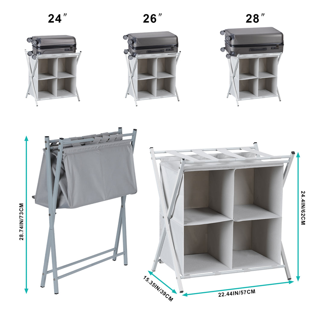Metal Folding Luggage Rack for Guest Room - Suitcase Stand w/ 4 Storage Compartments, Gray, 100lb Capacity