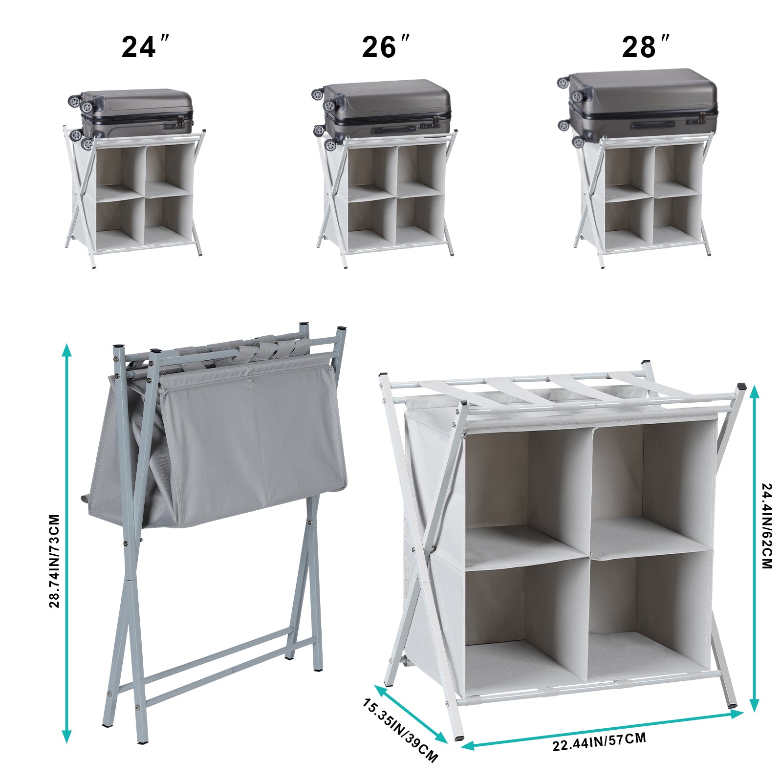 Metal Folding Luggage Rack for Guest Room - Suitcase Stand w/ 4 Storage Compartments, Gray, 100lb Capacity