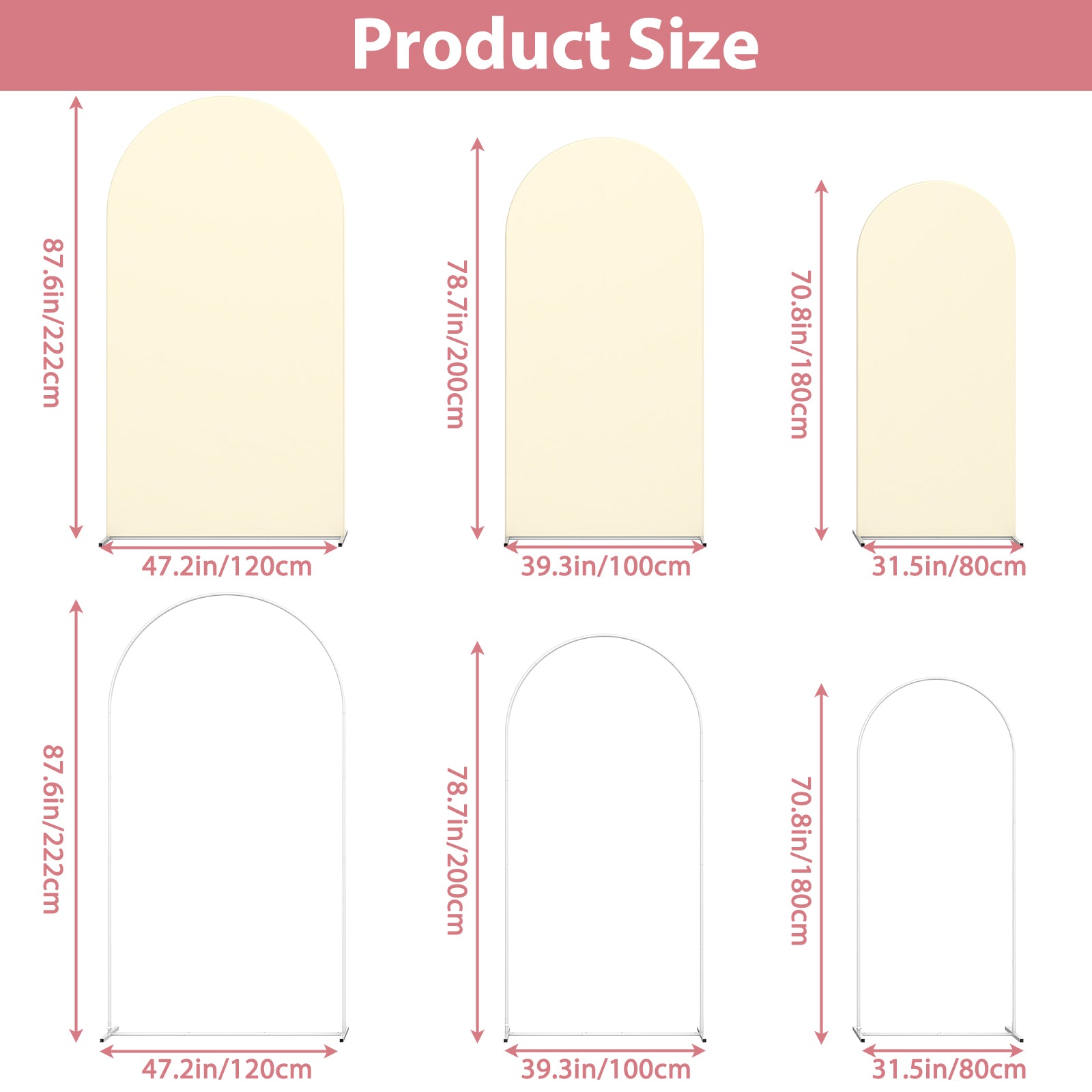 Set of 3 Arch Backdrop Stands with Covers (7.3FT, 6.6FT, 6FT) - Metal Frame for Wedding & Party