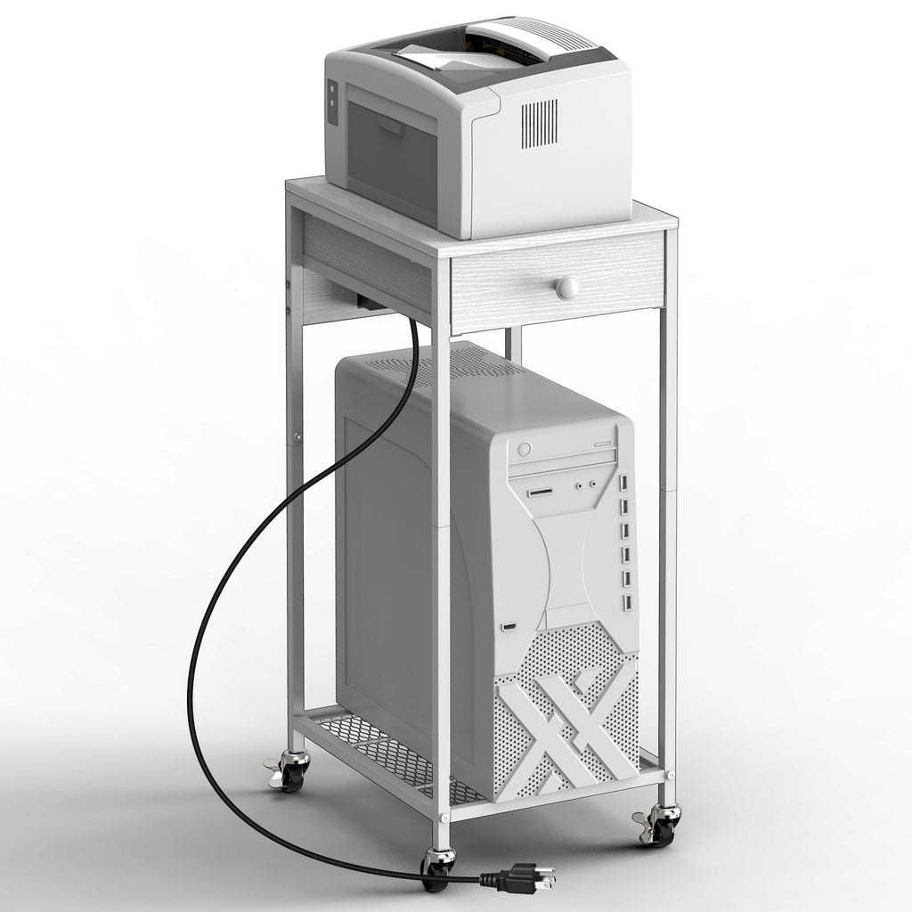 Computer Tower Stand w/ Charging Station - 2 Tier PC Holder Cart, Printer Stand & Storage Drawer, White