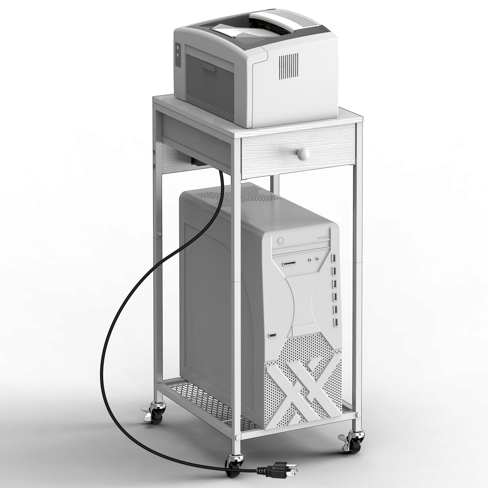 Computer Tower Stand w/ Charging Station - 2 Tier PC Holder Cart, Printer Stand & Storage Drawer, White