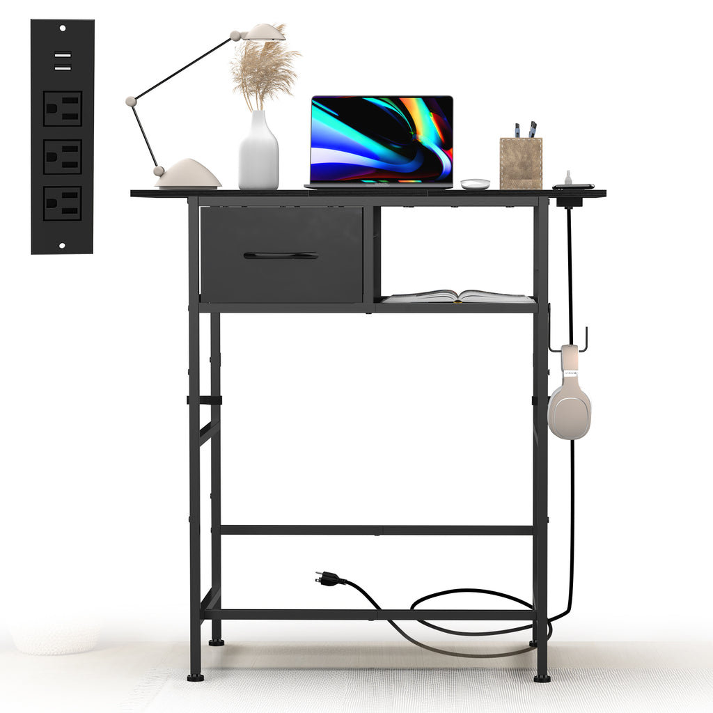 31" Modern Makeup Vanity Table - Small Writing Desk with Built-in Charging Station & Drawer, Black,